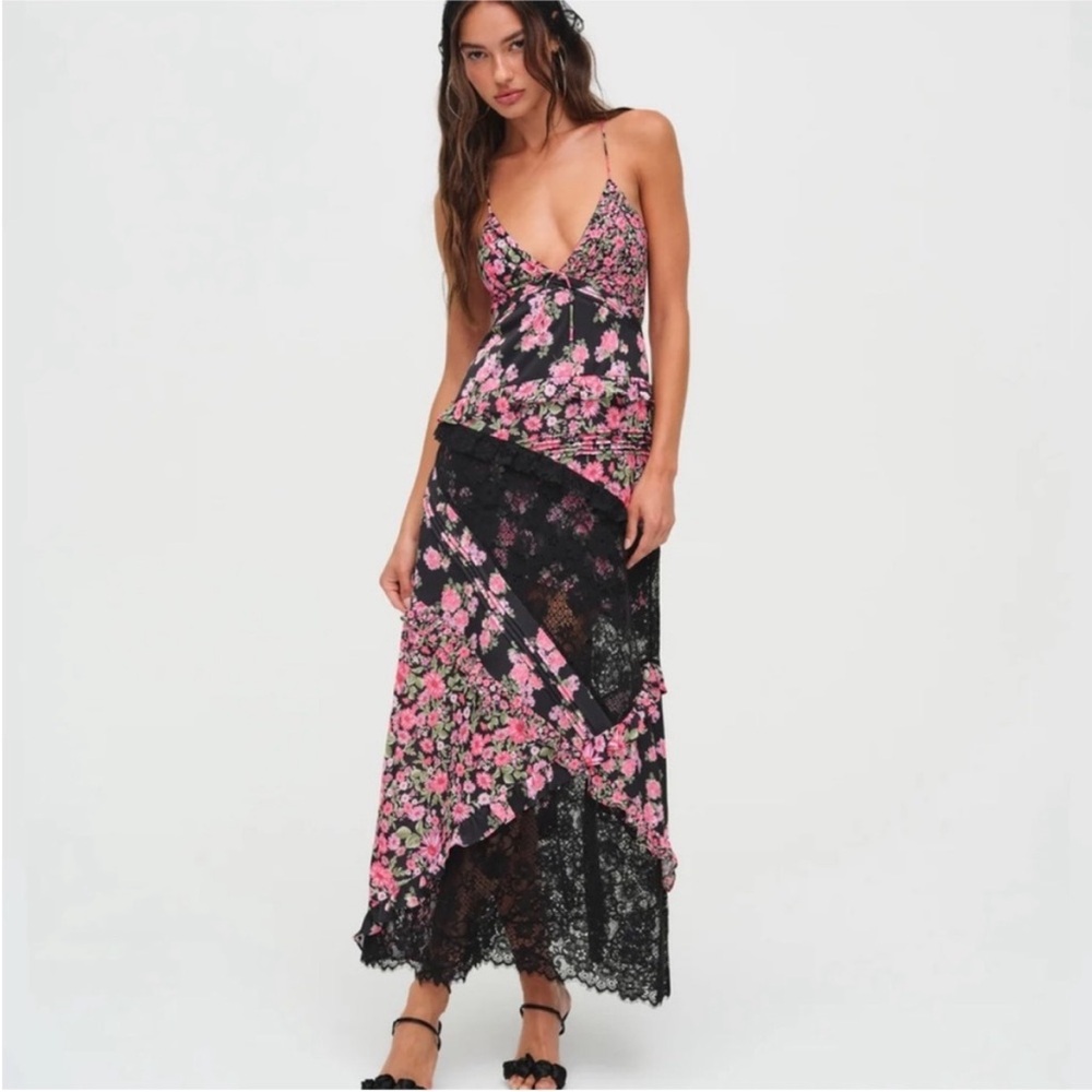 For Love & Lemons Rosalyn Maxi Dress Floral Lace Open Tie Back Black Pink Small